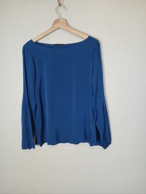 Elie Tahari 100% Silk Flared Long-Sleeve Boatneck Top - Blue